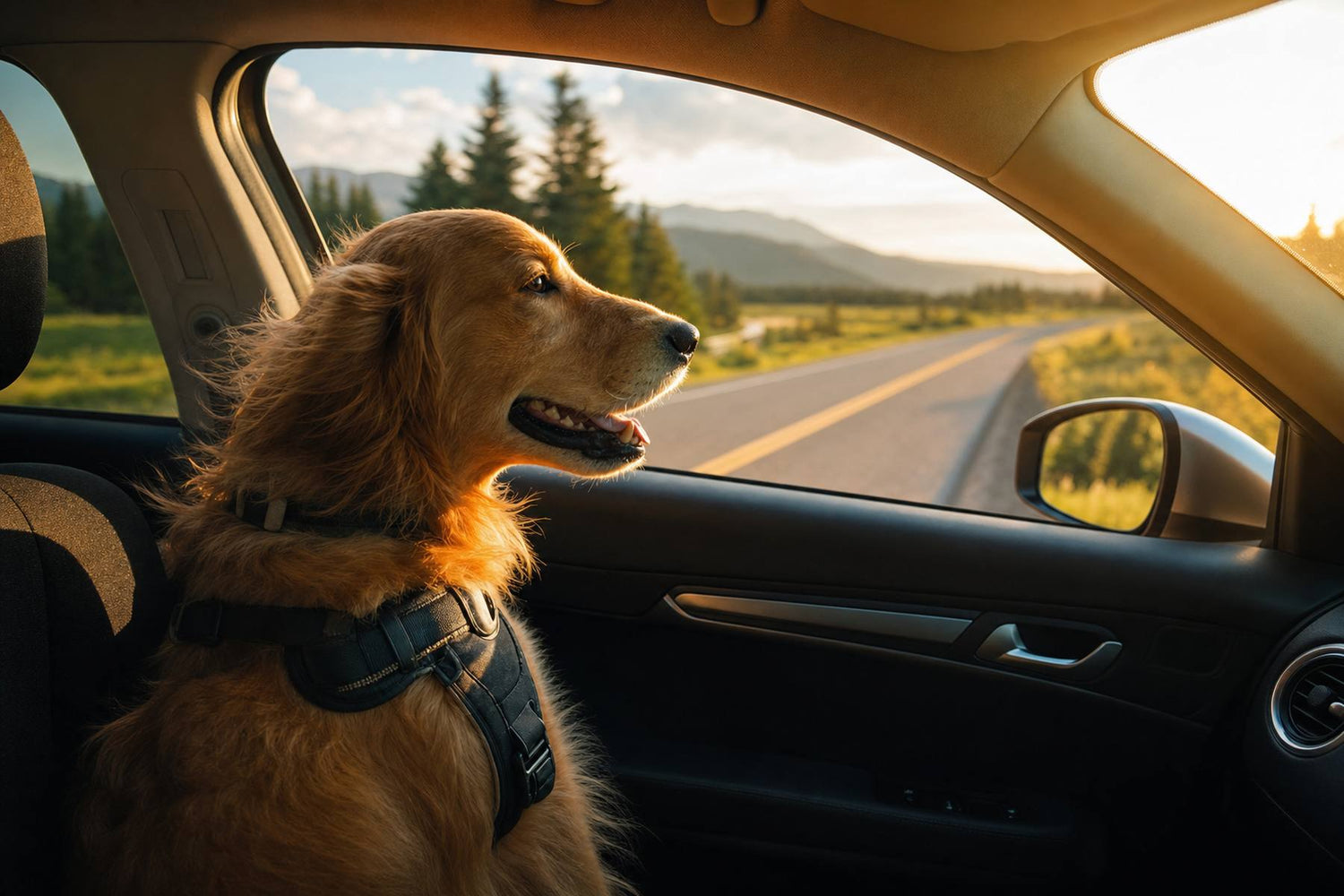 Dog looking out car window at passing pine trees on a road trip