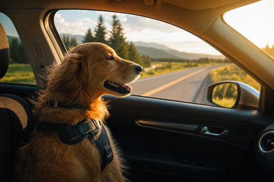 Golden Retriever wearing a harness looking out a car window on a summer road trip