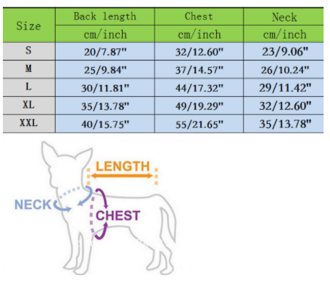 Dog size chart with measurements for back length, chest, and neck in centimeters and inches, accompanied by a diagram of a dog showing measurement points.