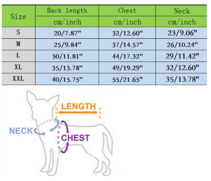 Dog size chart with measurements for back length, chest, and neck in centimeters and inches, accompanied by a diagram of a dog showing measurement points.