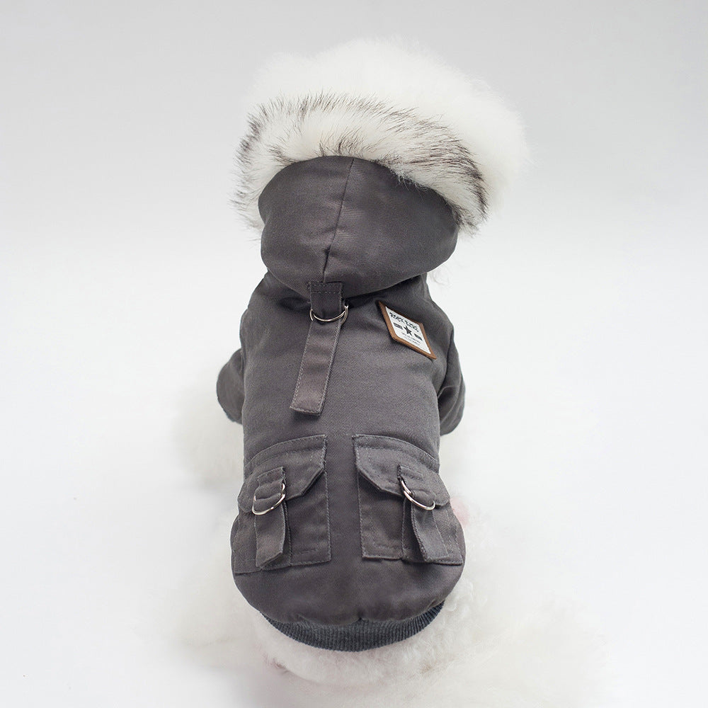 Gray dog coat with fur hood on a white background