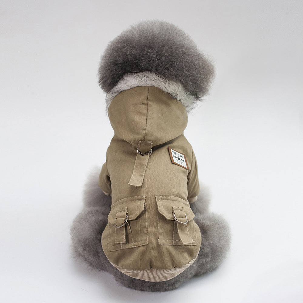 Dog coat with fur hood on a white background