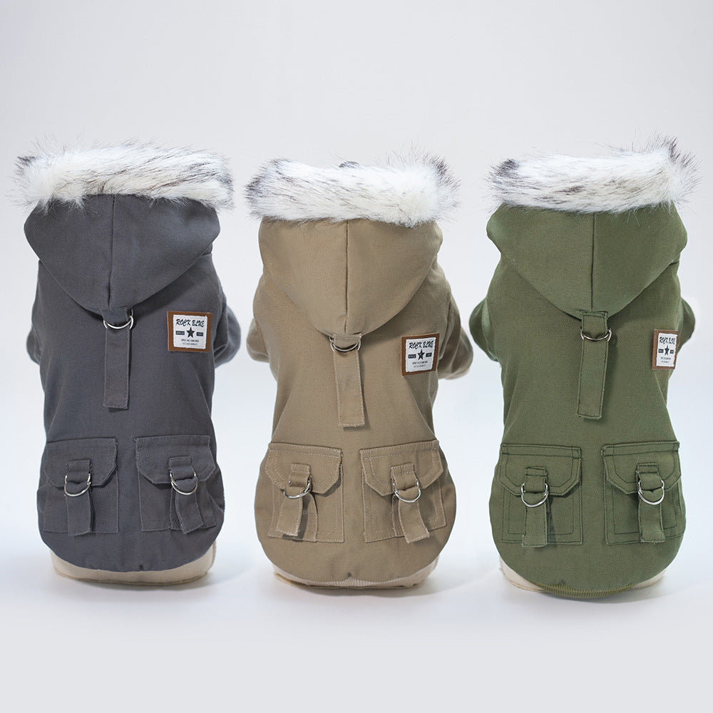 Three dog coats in gray, beige, and green with fur-lined hoods on a white background.