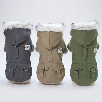 Three dog coats in gray, beige, and green with fur-lined hoods on a white background.