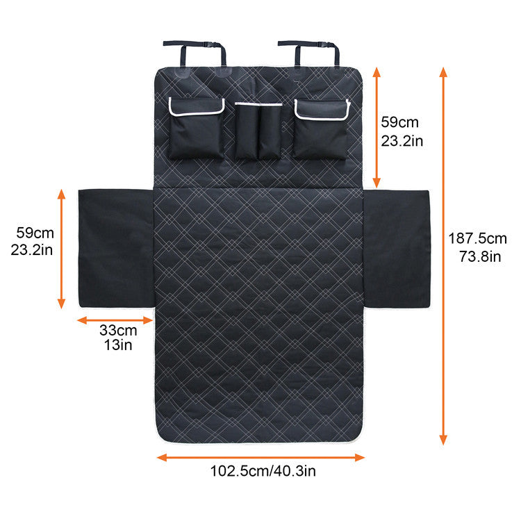 Black car seat cover with measurements on a white background