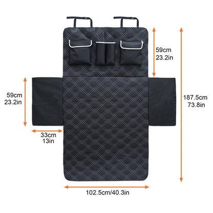 Black car seat cover with measurements on a white background