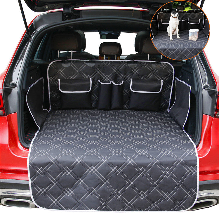 Car trunk with a black pet seat cover and a small inset showing a dog on the cover.