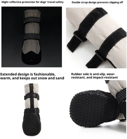 Dog boots with reflective strip, straps, and textured sole on a white background