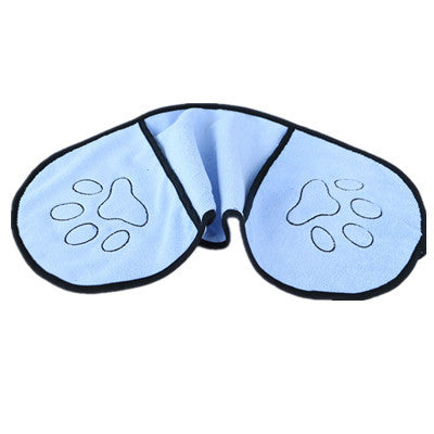 Blue pet towel with paw print designs on a white background