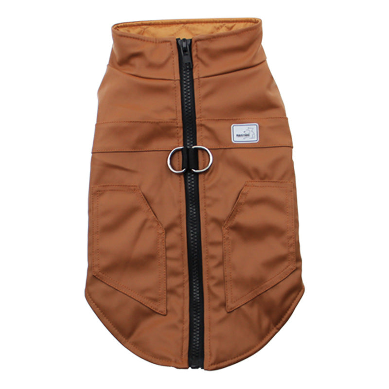 Brown dog coat with a black zipper on a white background