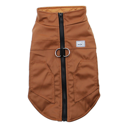 Brown dog coat with a black zipper on a white background