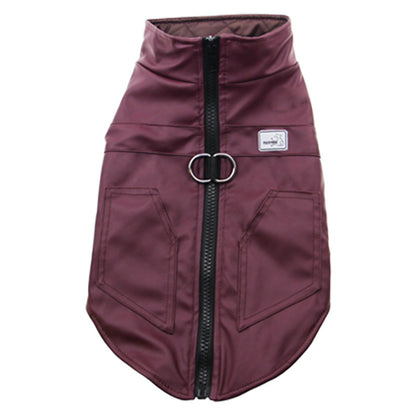 Maroon dog jacket with a black zipper on a white background