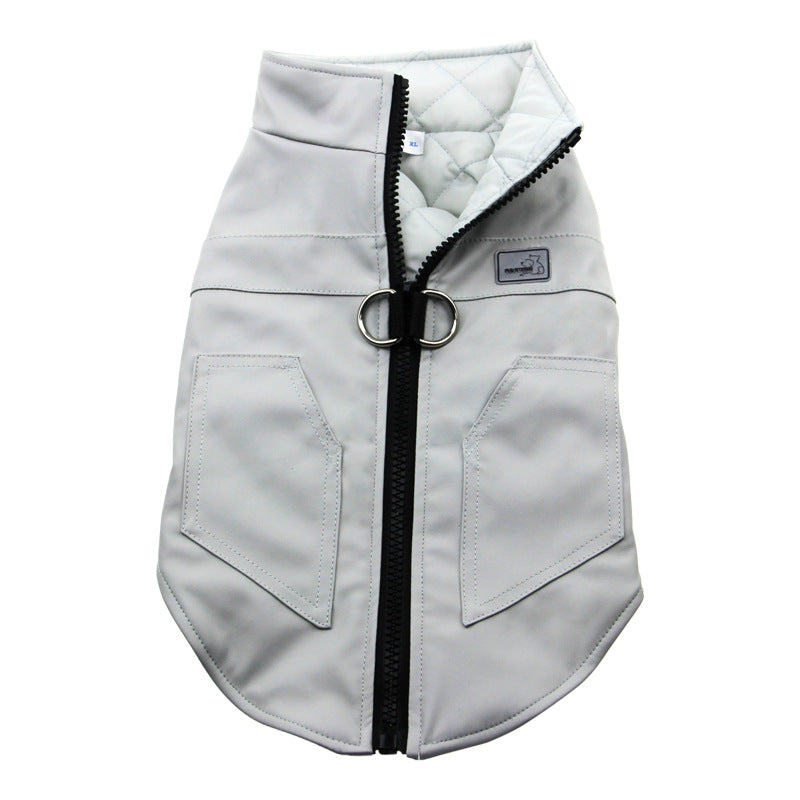 Light gray dog vest with black zipper on a white background