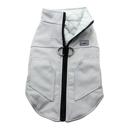 Light gray dog vest with black zipper on a white background