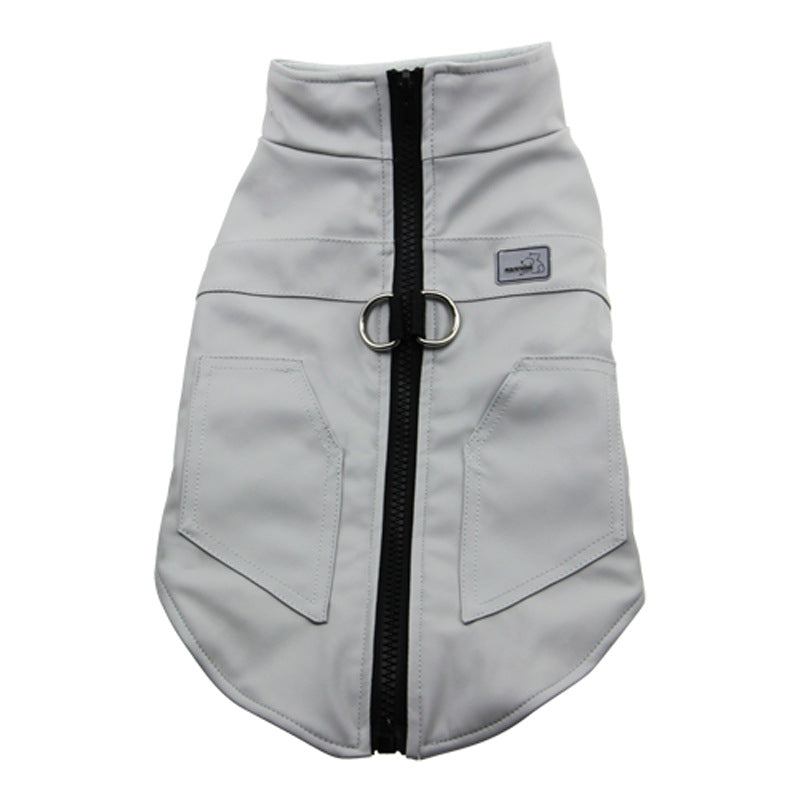 Gray dog coat with a black zipper on a white background