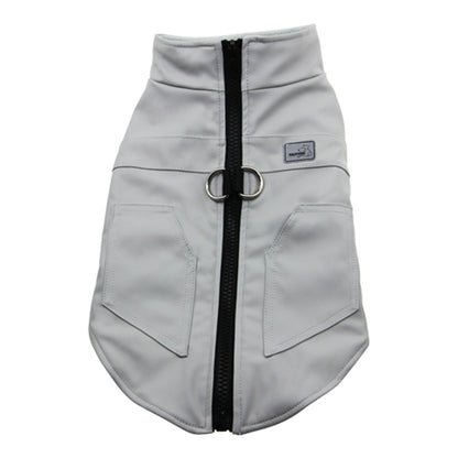 Gray dog coat with a black zipper on a white background