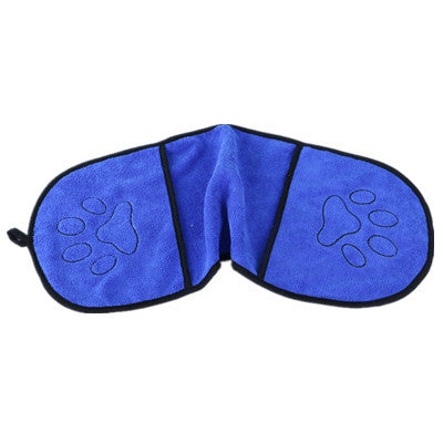 Blue pet towel with paw prints on a white background