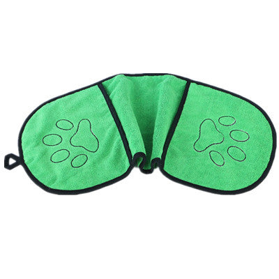 Green pet towel with paw prints on a white background