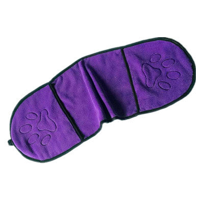 Purple pet towel with paw prints on a white background