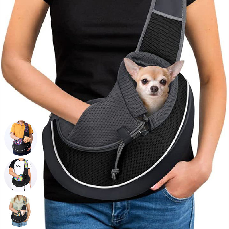 Person holding a small dog in a black pet sling with additional images of the product.