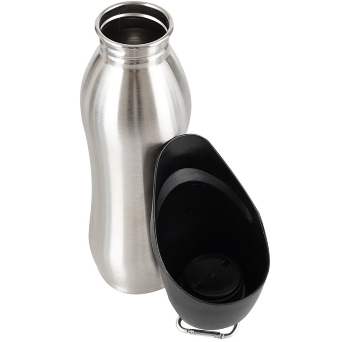 Silver water bottle with black cap on a white background