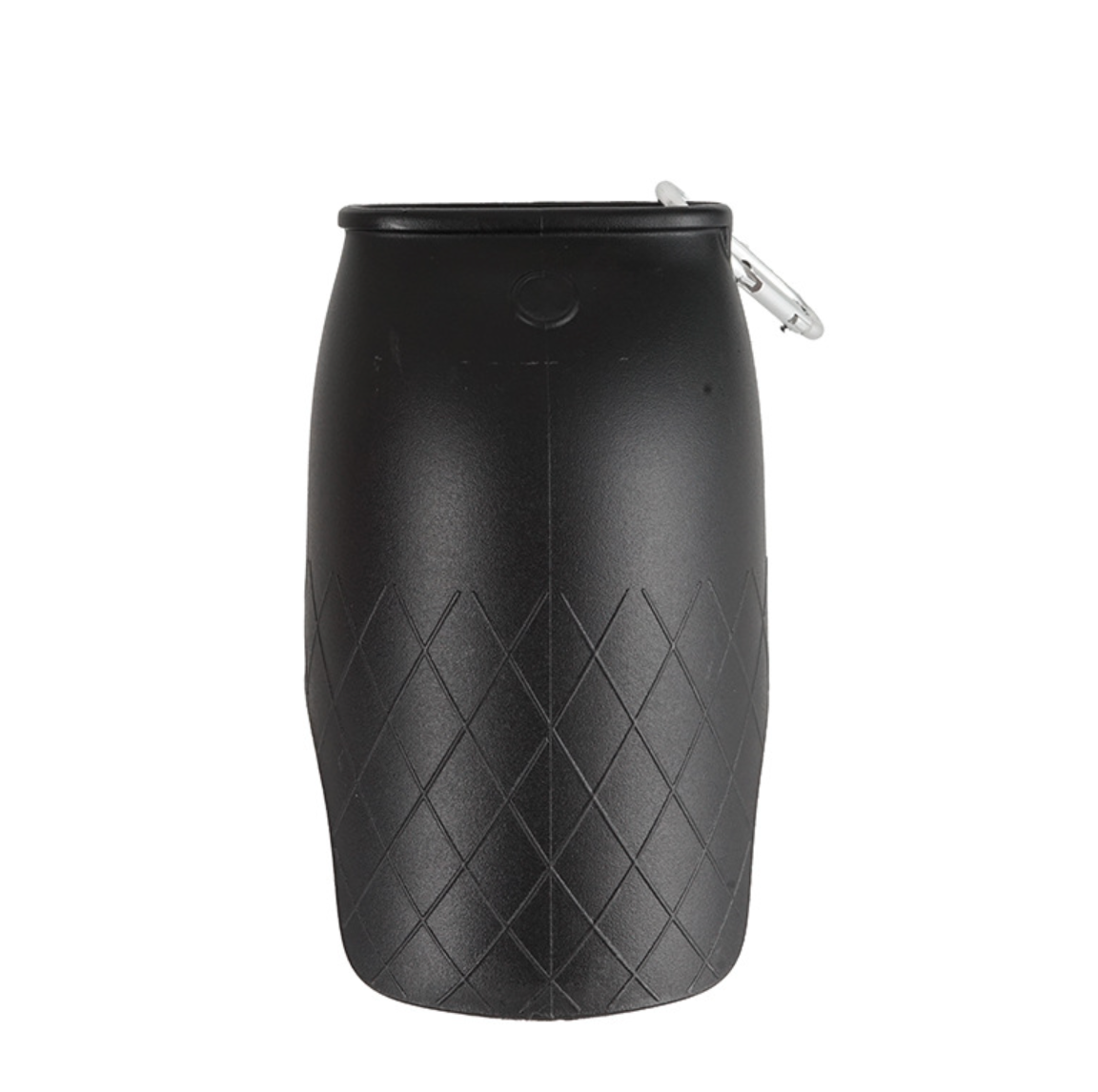 Black textured cylindrical pouch with a clip on a white background