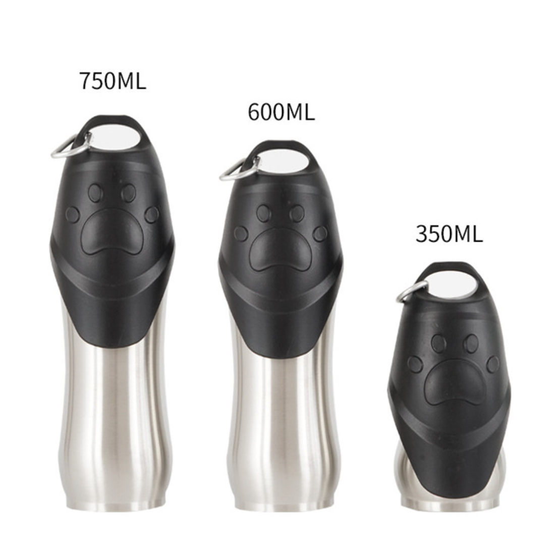 Three black and silver pet water bottles with paw design and size labels on a white background