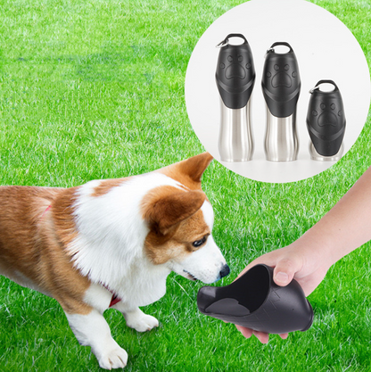Dog with a black pet water cup on grass, with inset images of three similar dispensers.