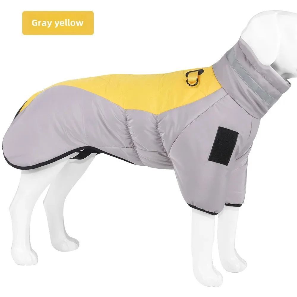 Gray and yellow dog coat on a mannequin against a white background