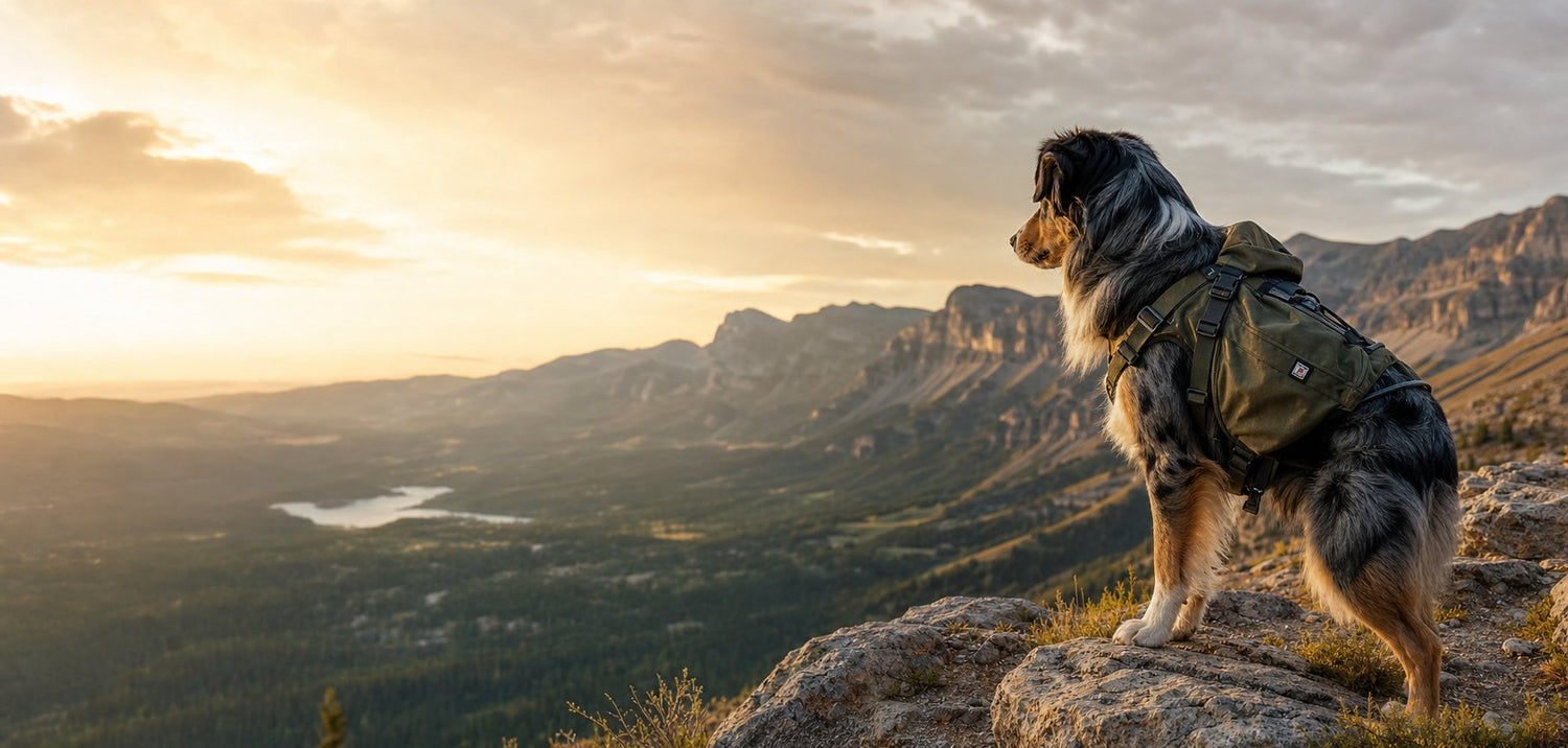Dog with hiking backpack overlooking mountain valley at sunset