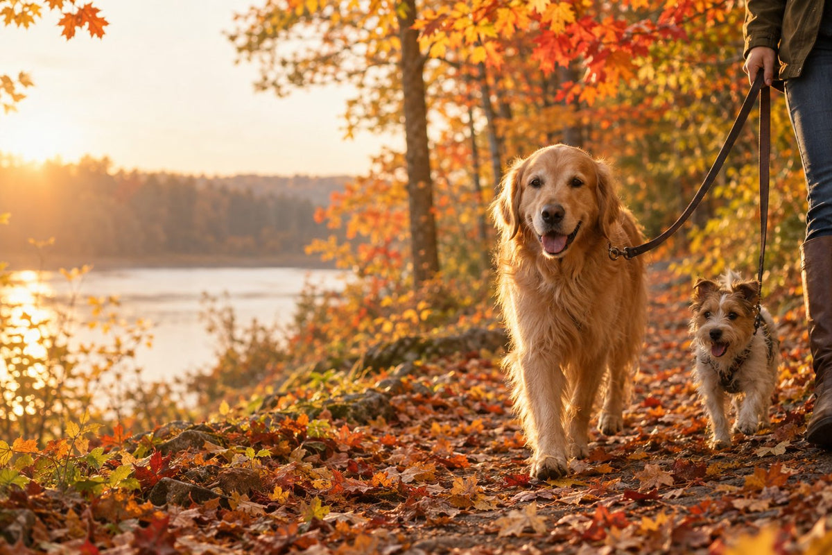 Golden retriever and terrier walking a leaf-covered autumn trail beside a lake at sunset