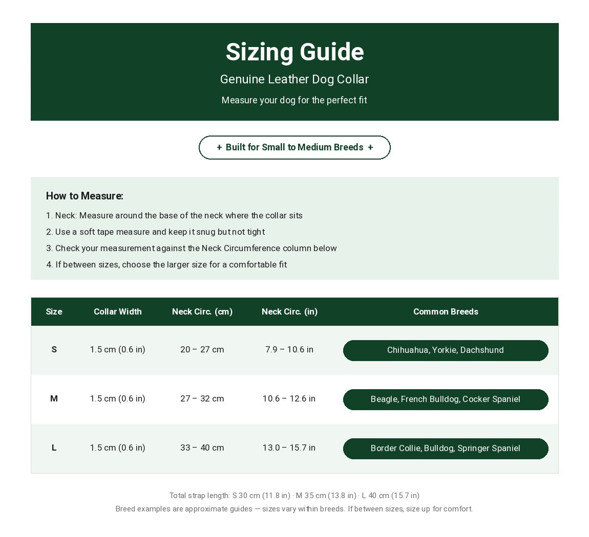 Genuine Leather Dog Collar sizing guide showing neck circumference and collar width for sizes S, M, and L