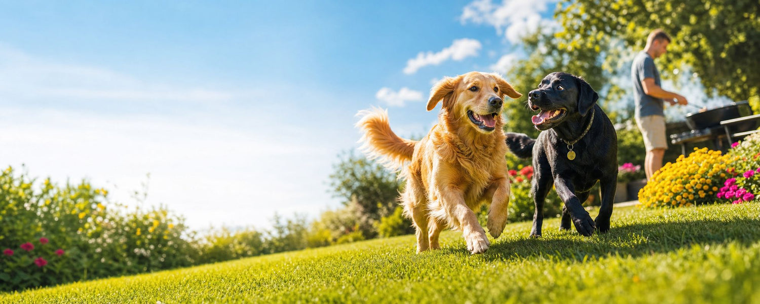 Golden retriever and black lab playing in a backyard while owner grills, promo banner background